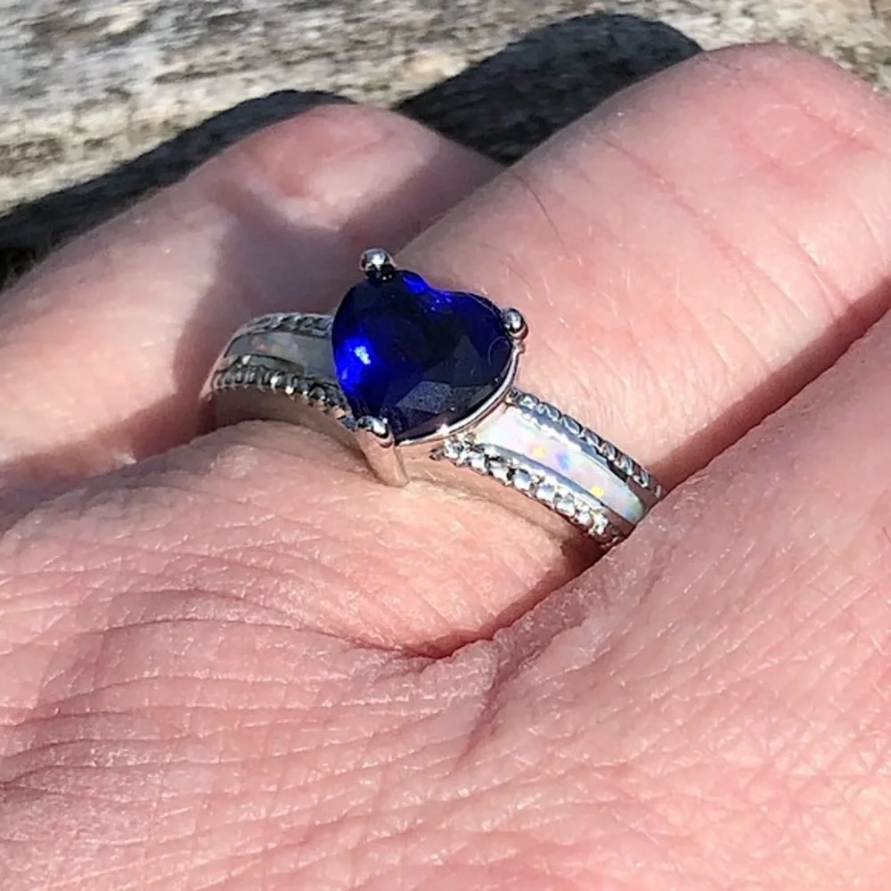 - Sapphire Heart White Fire Opal Ring SZ 7.5! NEW!